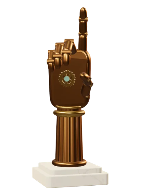 automaton hand pointing upward, sculpted in bronze