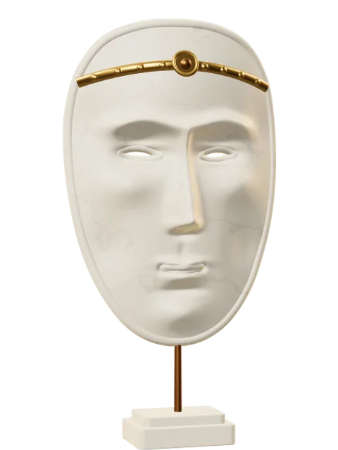 theatre mask wearing a gold diadem, sculpted in marble
